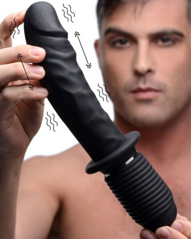 Power Pounder 10.75 Inch Vibrating And Thrusting Waterproof Silicone Dildo held by a model