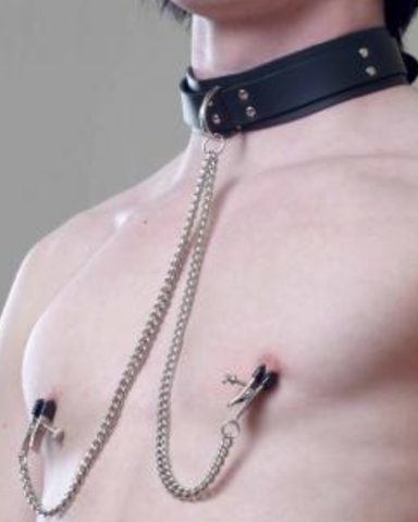 Black Leather Collar With Broad Tip Nipple Clamps by Spartacus on model