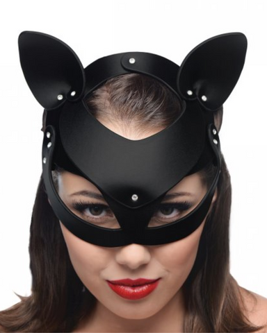 model wearing Bad Kitten Leather Cat Mask