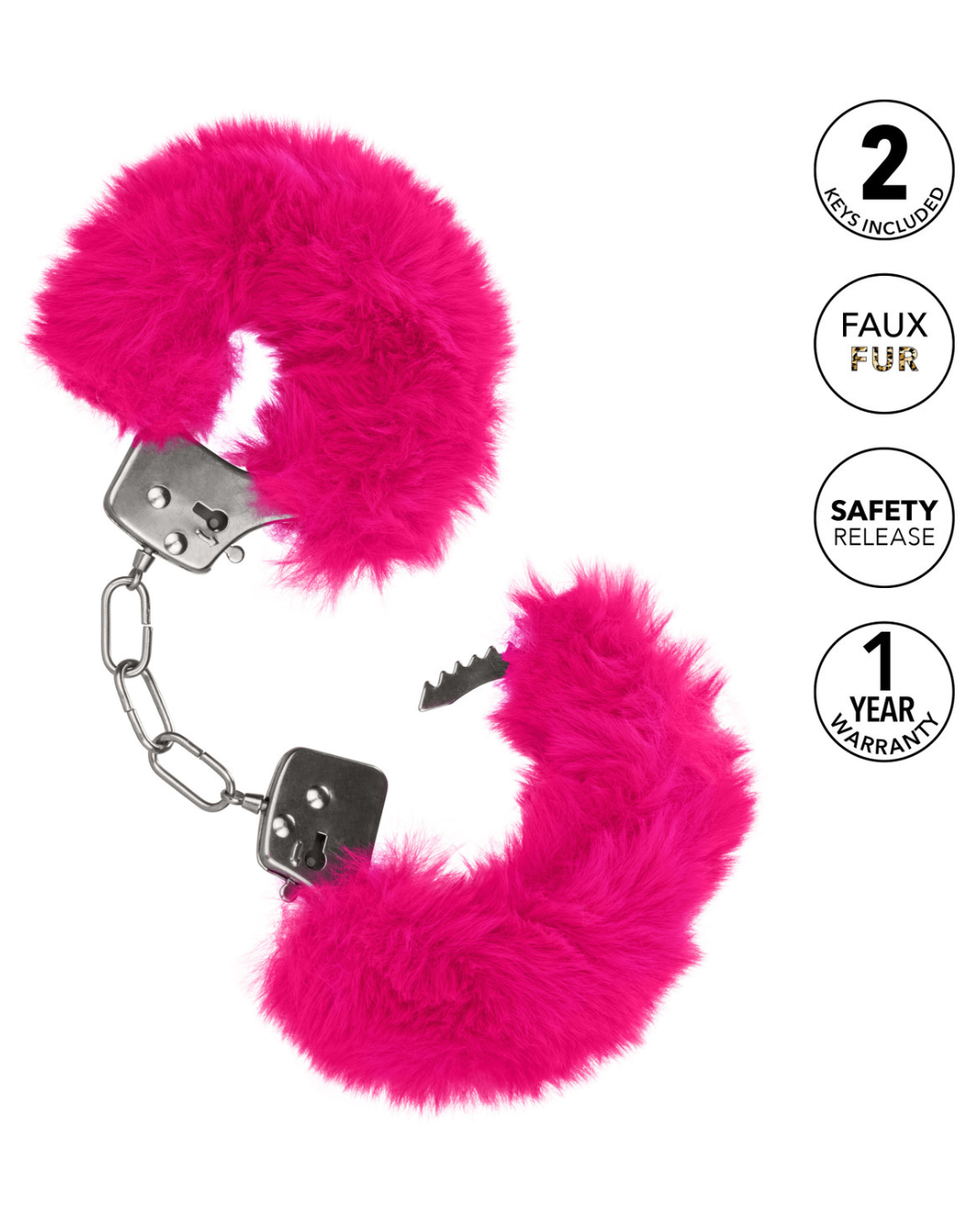 Ultra Fluffy Furry Cuffs - Pink locked and unlocked with additional features to the right