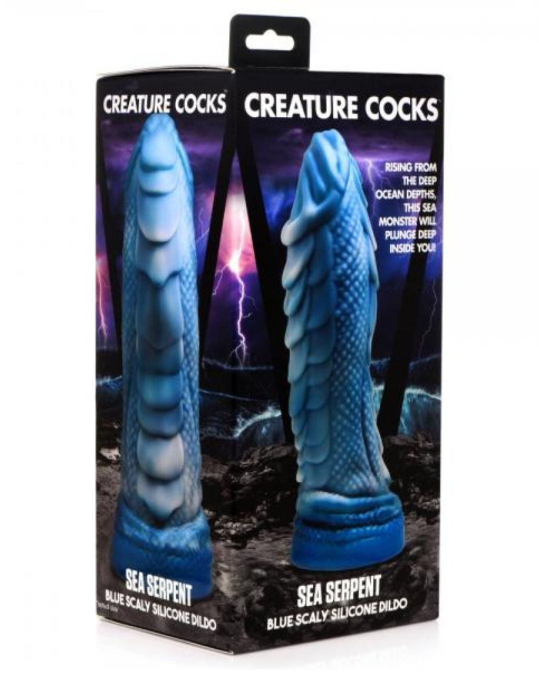 Sea Serpent Blue Scaly 8.5 Inch Silicone Dildo  in packaging on a white background