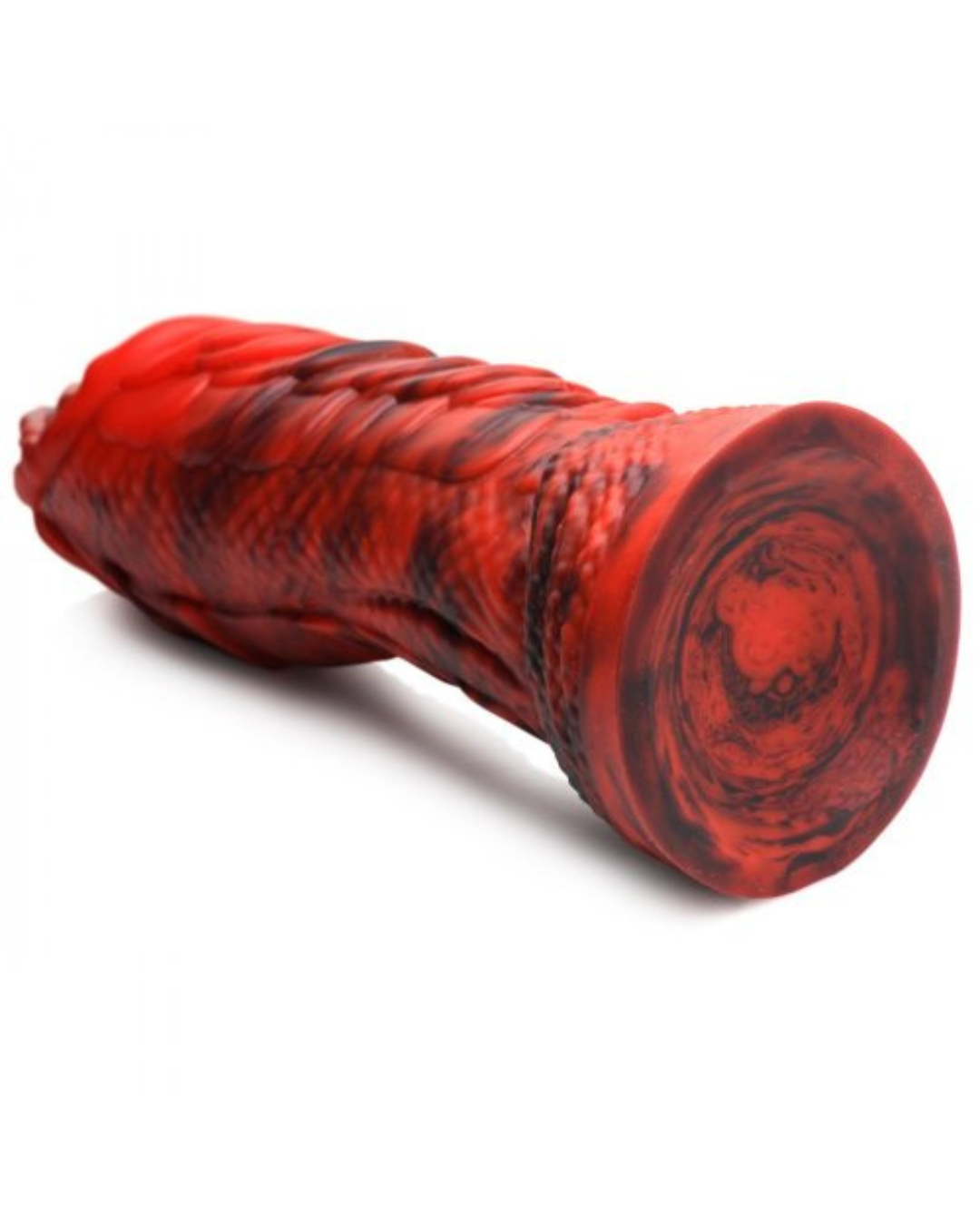 Fire Dragon Red Scaly Silicone Dildo on a white background showing suction cup