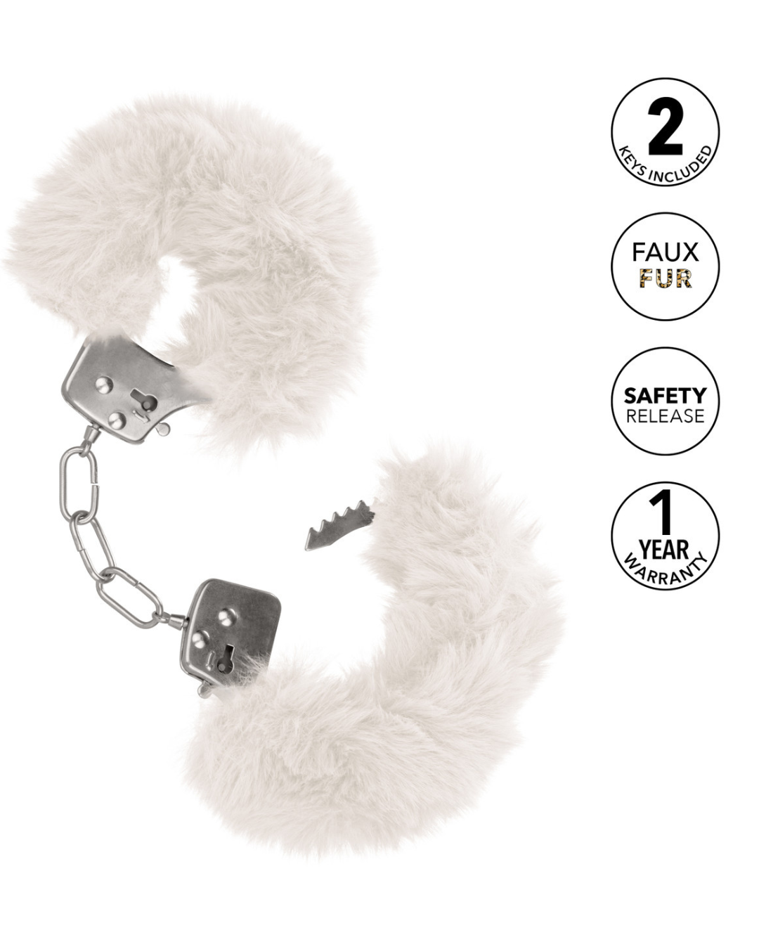 Ultra Fluffy Furry Cuffs - White locked and unlocked on a white background with additional features on the right hand side