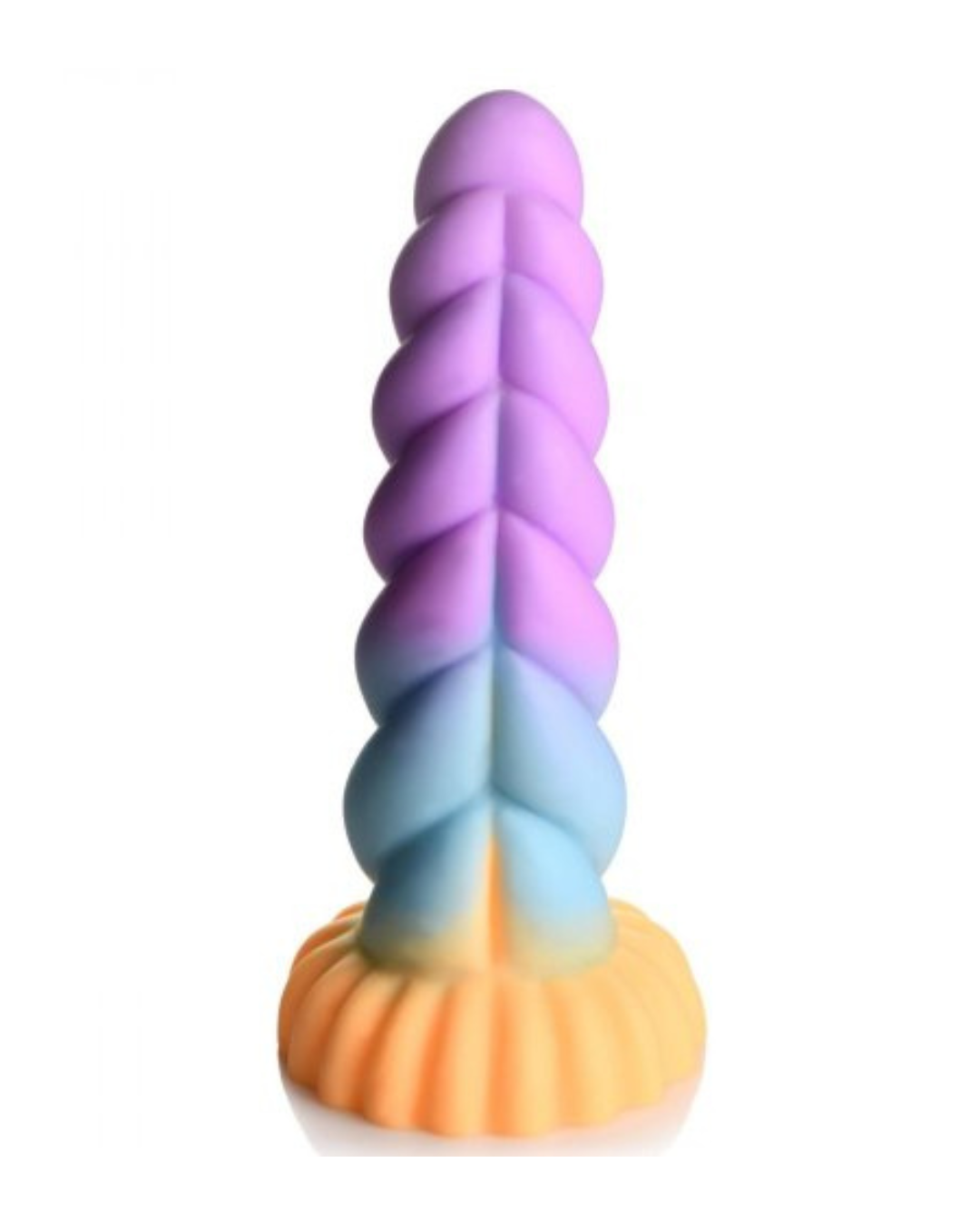 Mystique Thick 8 Inch Silicone Unicorn Dildo back view of spine  standing upwards