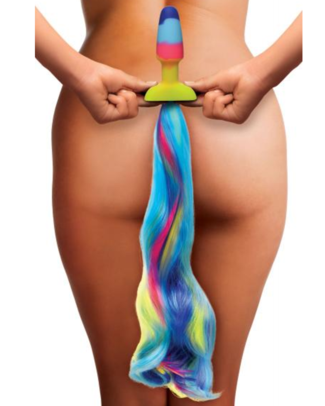 Unicorn Tail with Anal plug model holding behind back 