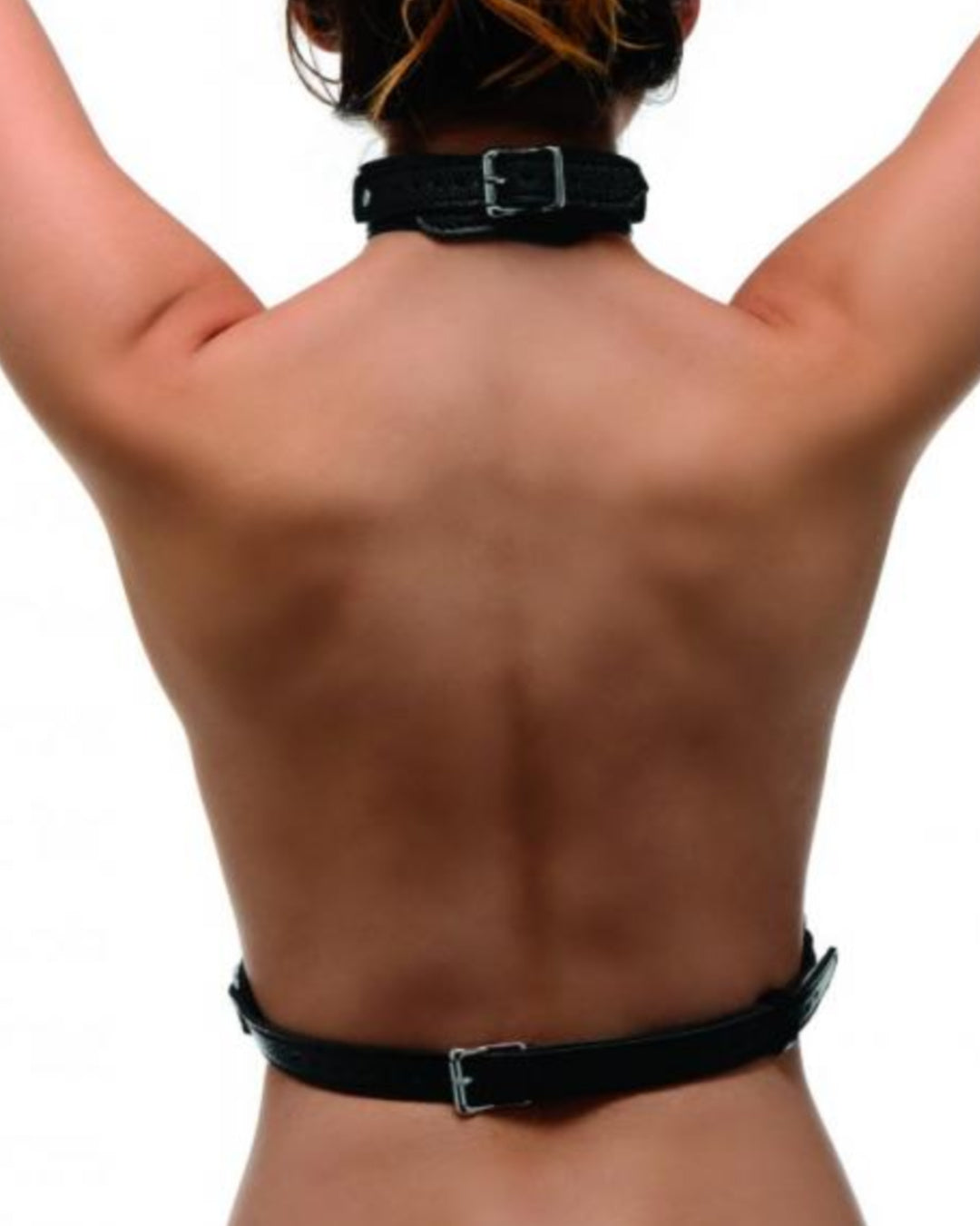 Female Leather Chest Harness - Black Back strap worn by model