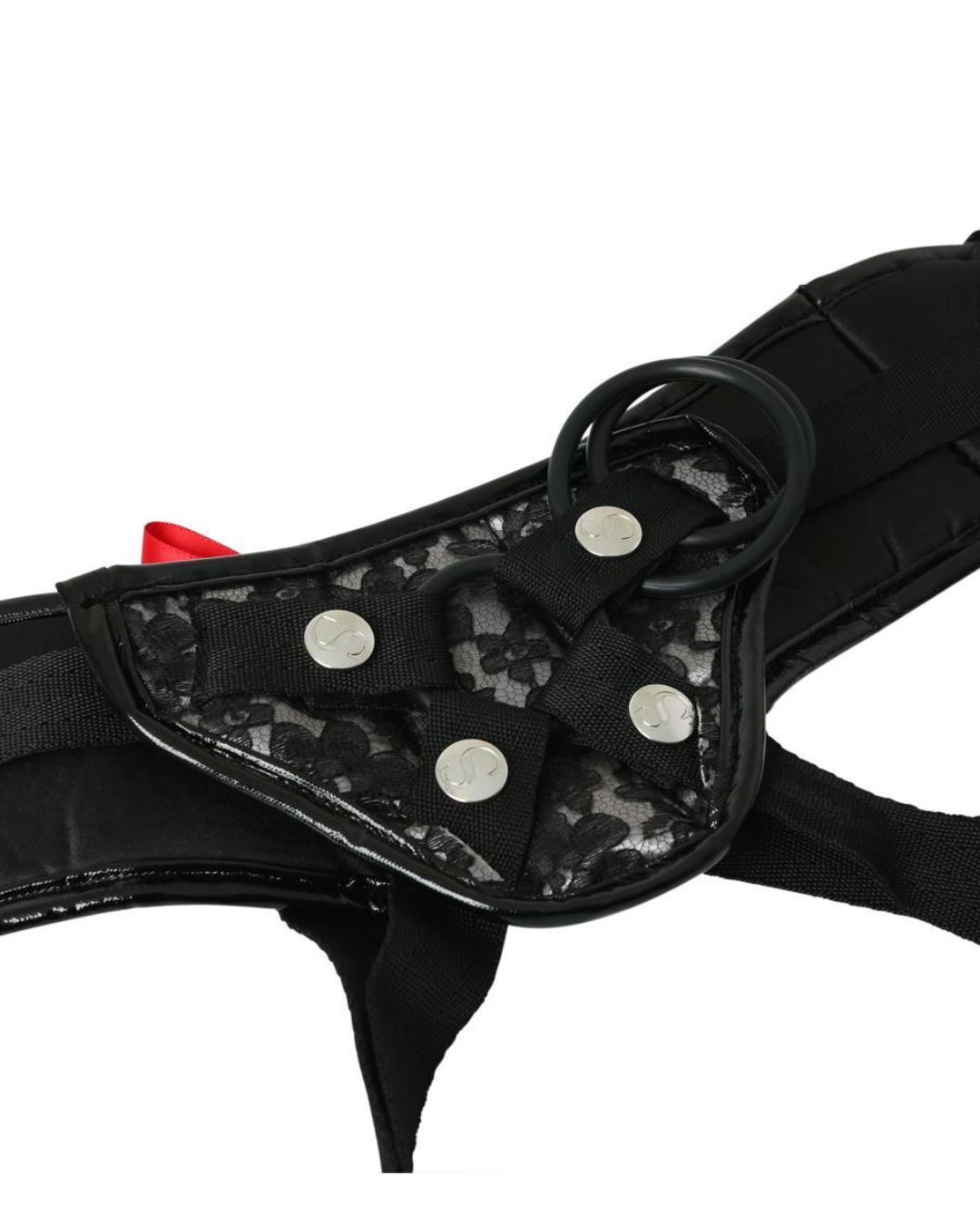 Platinum Black Lace Corsette Strap On Harness- One Size Fits Most by Sportsheets close up of front