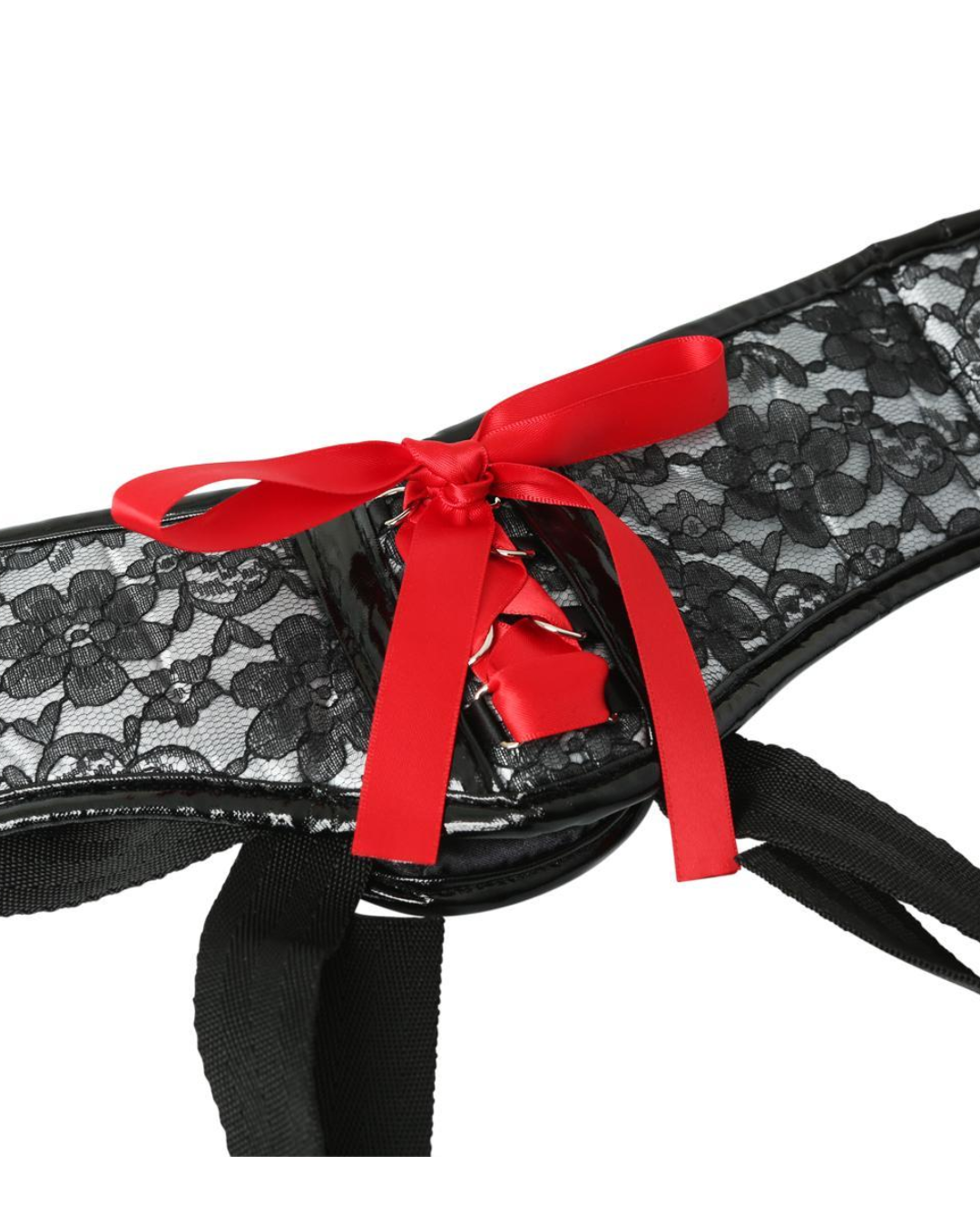 Platinum Black Lace Corsette Strap On Harness- One Size Fits Most by Sportsheets close up of back