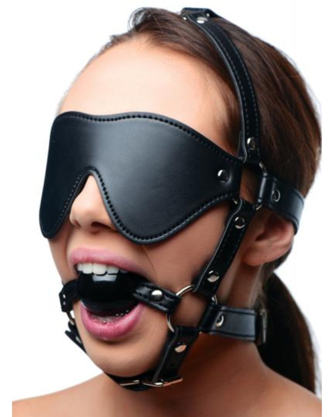 Strict Blindfold Harness Plus Ball Gag Girl wearing it 
