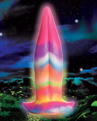 Unicorn Kiss Unicorn Tongue Glow-in-the-dark 8.5 Inch Silicone Dildo standing upwards in front of a space background