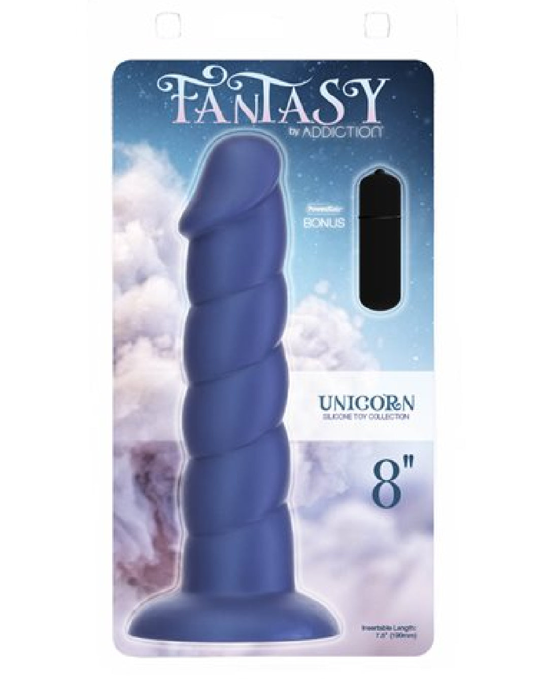 Fantasy Blue Unicorn Horn 8 Inch Silicone Dildo with the package