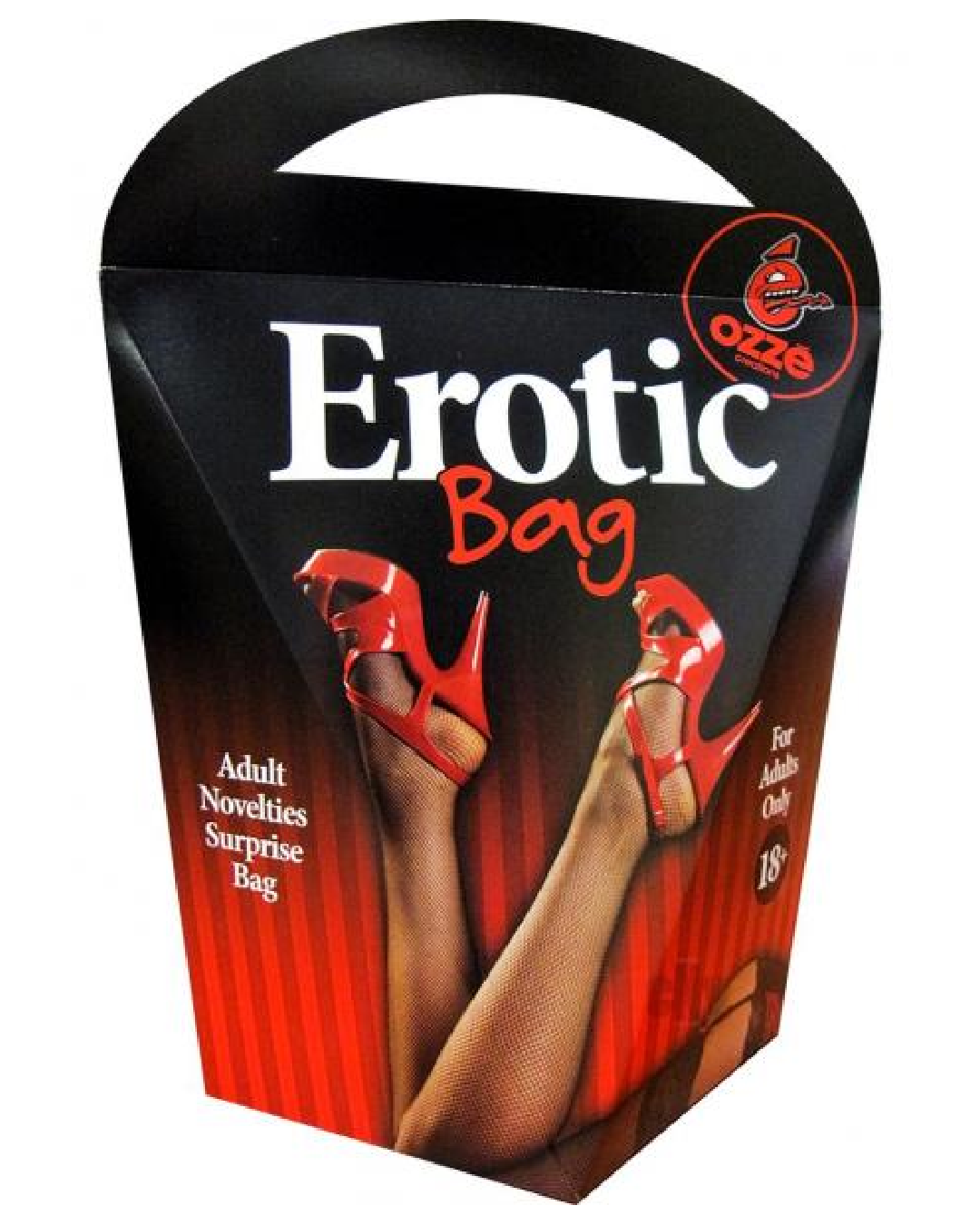 Erotic surprise gift bag box black and red with model wearing red shoes 