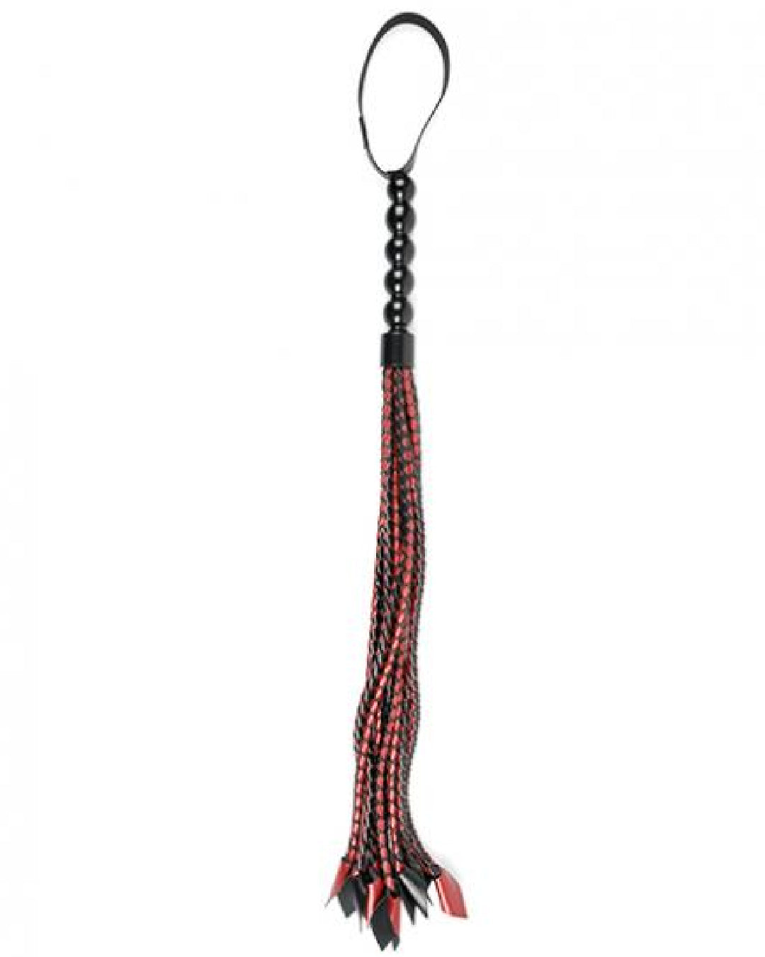 Saffron Braided Flogger by Sportsheets  black and red flogger upright on white background 