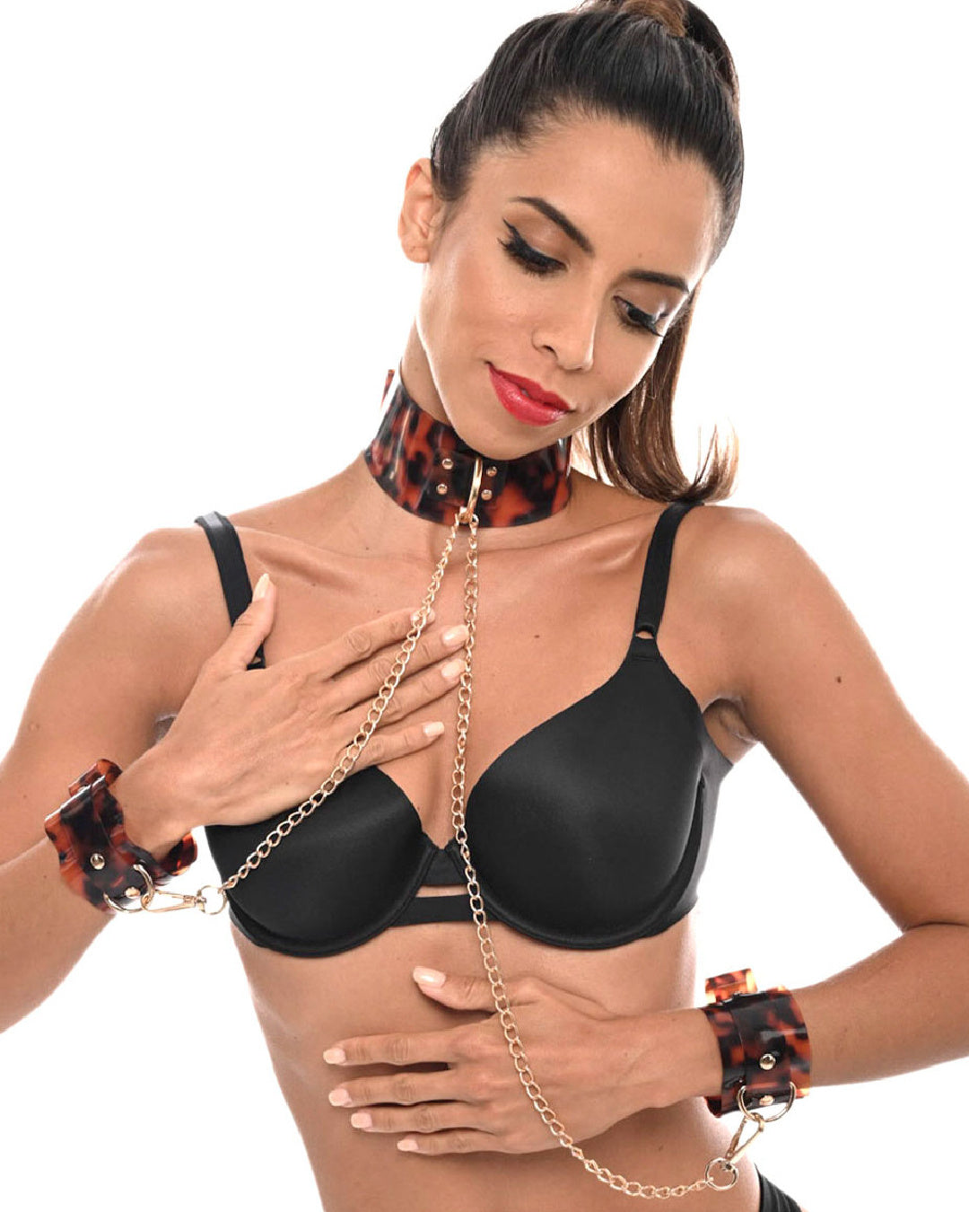 Model wearing Sincerely Amber Adjustable Neck and Wrist Restraints