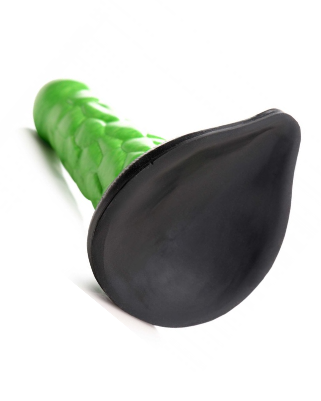 Radioactive Reptile Scaly Thick 7.5 Inch Silicone Fantasy Dildo close up of suction cup base