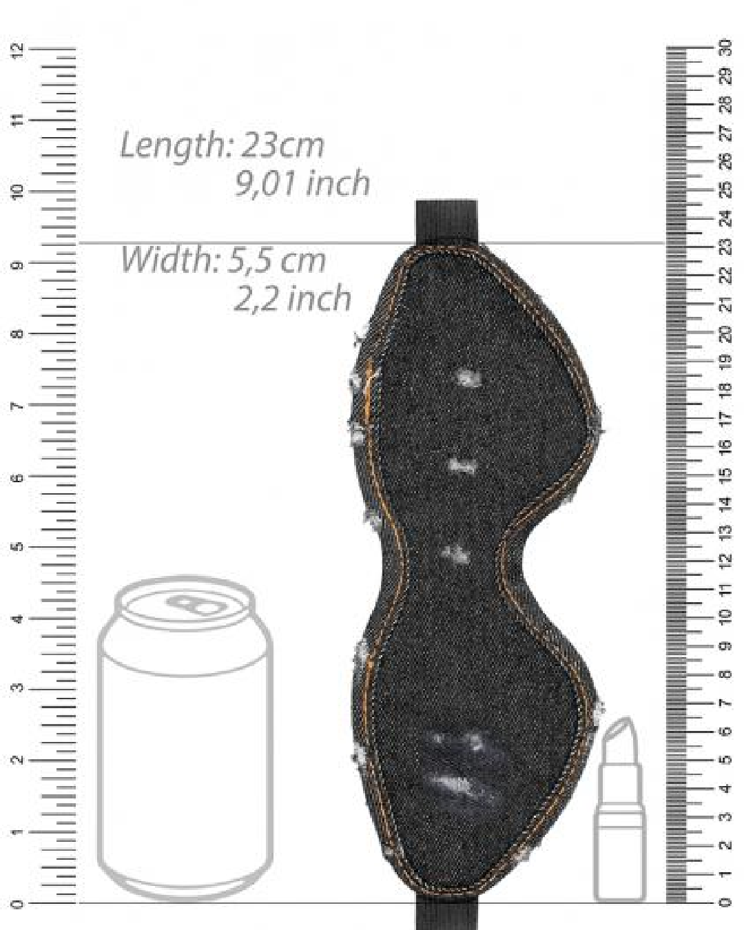 Ouch!  Denim Eye Mask - Black  graphic of product and measurements