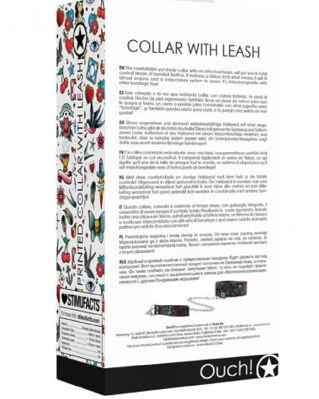 Ouch Old School Tattoo Style Printed Collar with Leash  back of box 