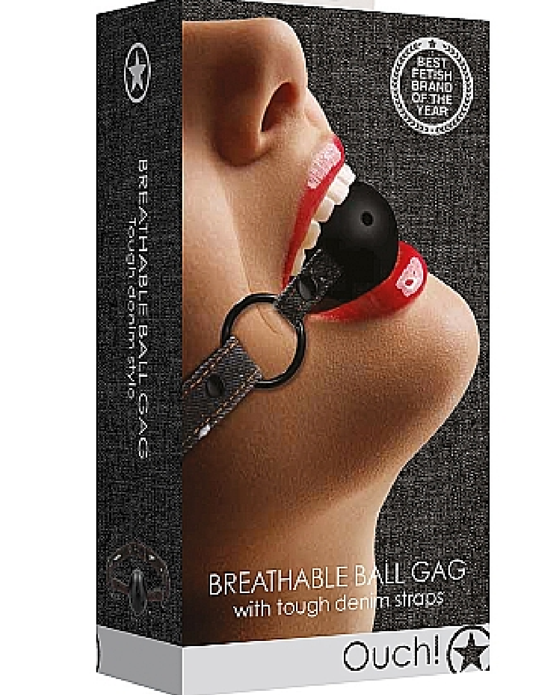 Ouch!  Roughend Denim Style Breathable Ball Gag  - Black product box 