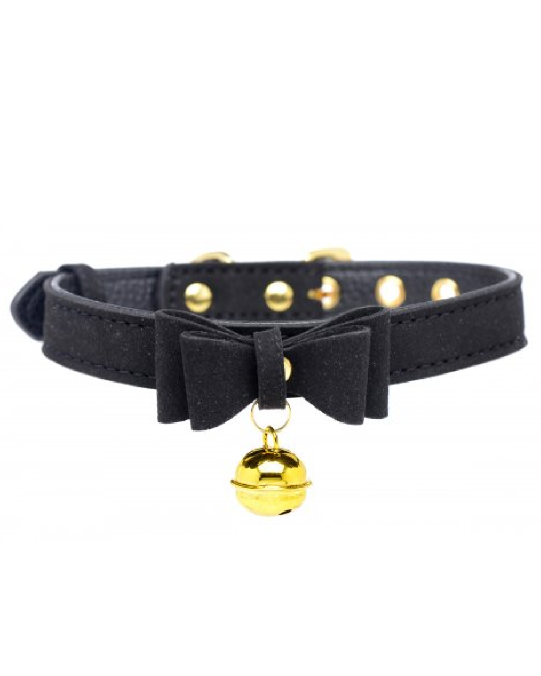 Golden Kitty Cat Bell Collar - Black  close up front of collar 