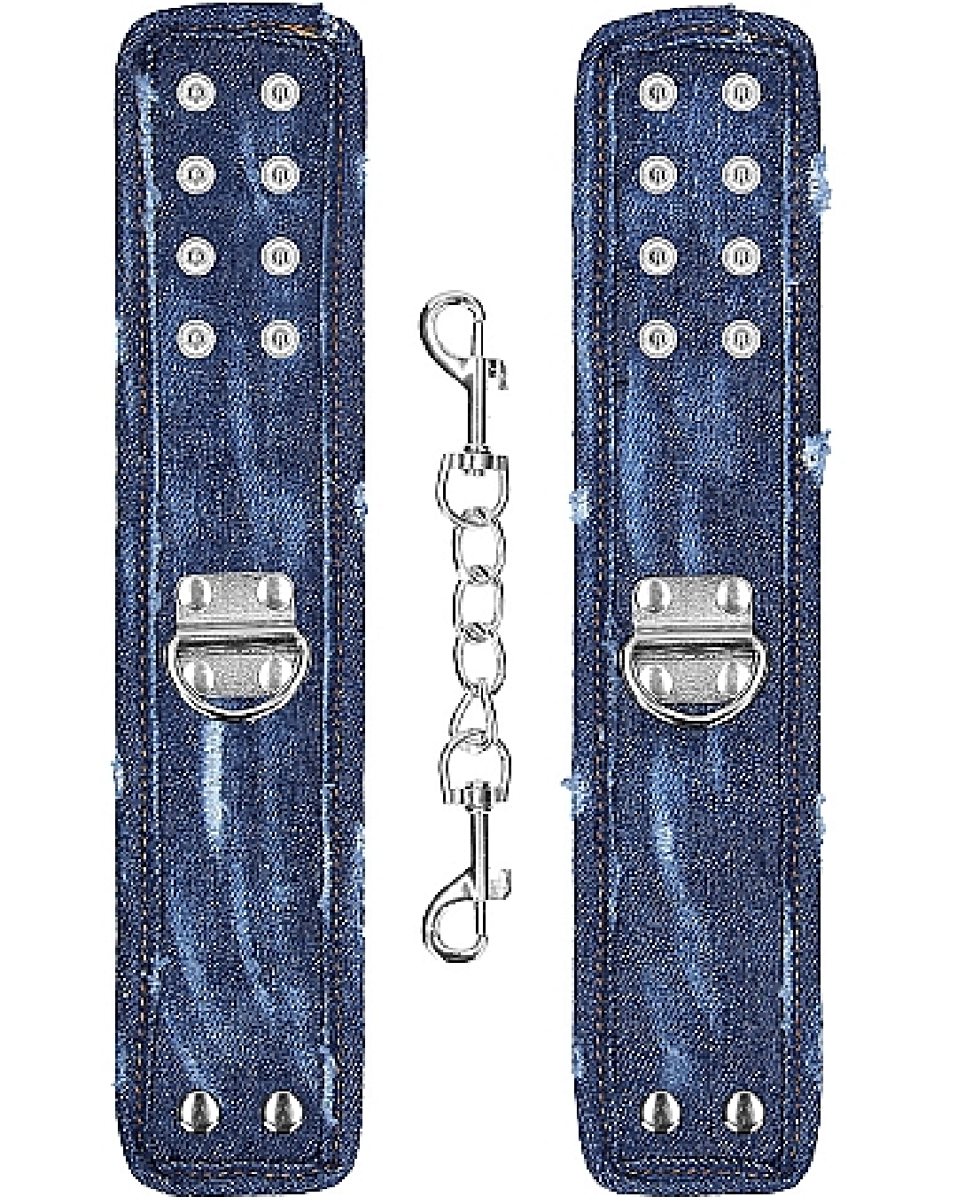 Ouch!  Roughend Denim Style Handcuffs  - Blue cuffs and chain on white background 