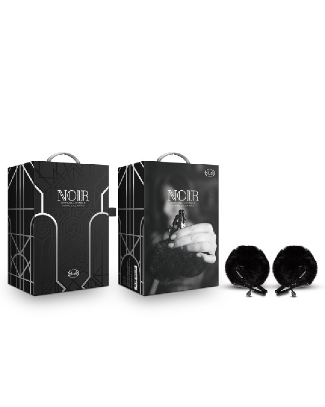 Noir Pom Nipple Clamps by Blush Novelties box and product on white background 
