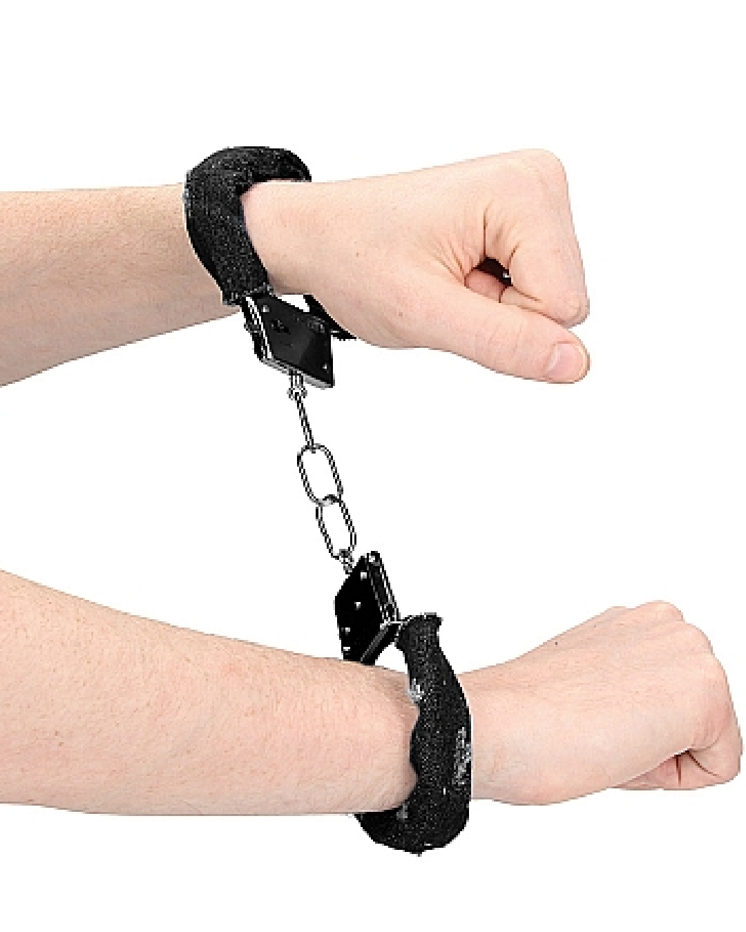 Ouch!  Roughend Denim Metal Style Handcuffs  - Black model waring cuffs on white background 