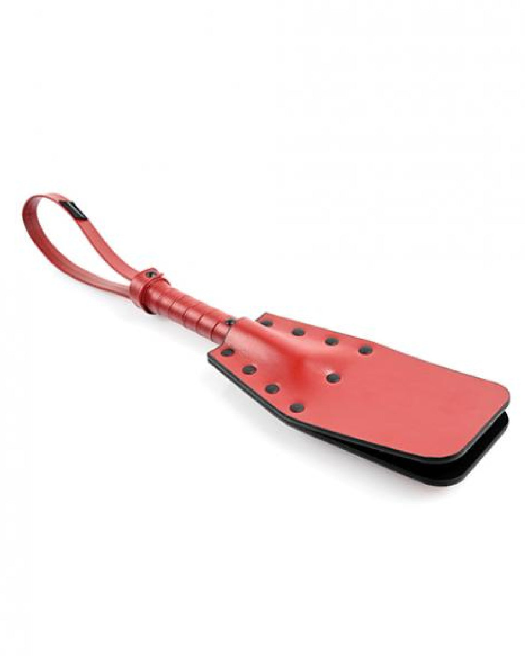 Saffron Studded Spanker Paddle by Sportsheets red paddle on side angle on white background 