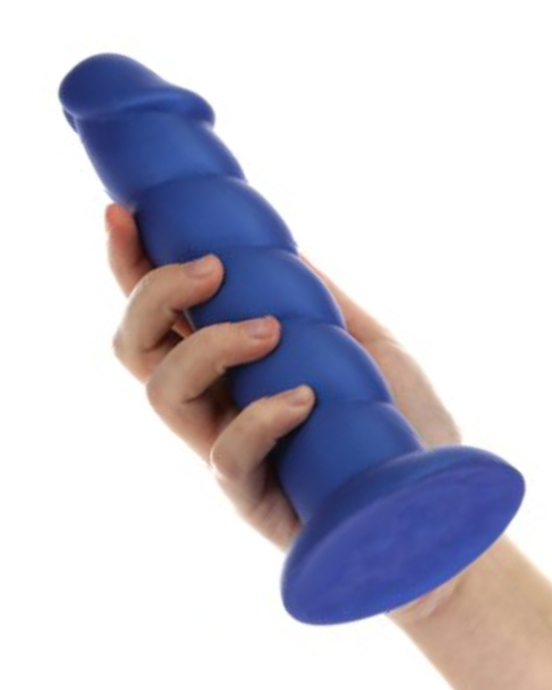Fantasy Blue Unicorn Horn 8 Inch Silicone Dildo held in a hand on a white background