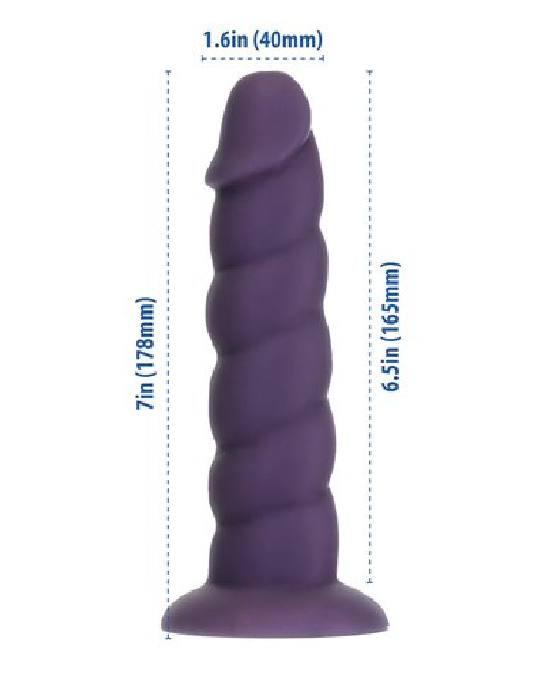 Fantasy Purple Unicorn Horn 7 Inch Silicone Dildo with the measurements on a white background