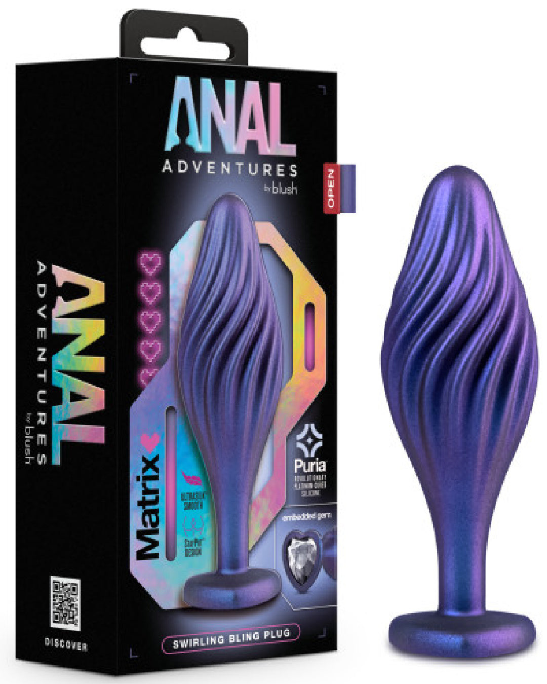 Anal Adventures Matrix Swirl Bling Butt Plug upright next to box 