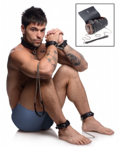 Kinky Clutch Black Bondage Set With Carrying Case with cuffs worn by male model