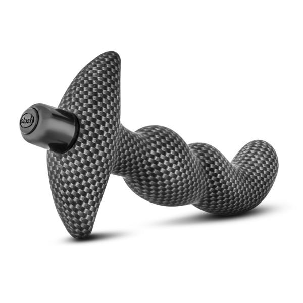 Spark Ignition PRV 01 Prostate Stimulator by Blush - Carbon Fiber on its side with a view of the base and bullet