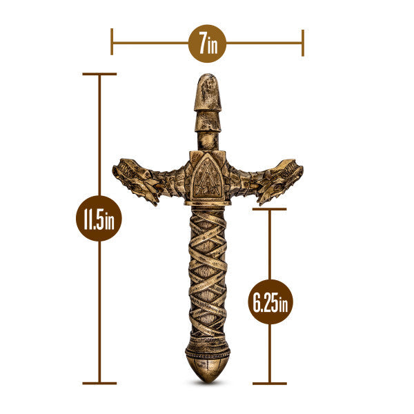 The Realm Drago Lock On Dragon Sword Dildo Handle - Bronze on a white background with circles and arrows indicating size