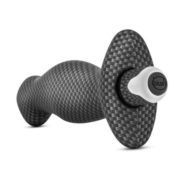 Spark Ignition PRV 03 Prostate Stimulator by Blush - Carbon Fiber on its side with view of the base