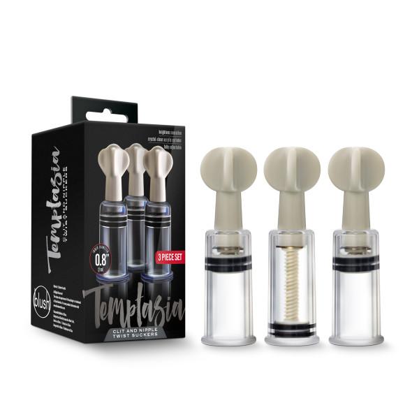 Temptasia Clit & Nipple Twist Suckers Set Of 3 Clear by Blush with the box