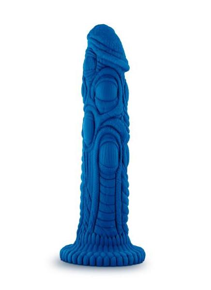 Realm Draken Silicone Lock On Harness Compatible 7.75" Dildo - Blue against a white background to show the scales and textures