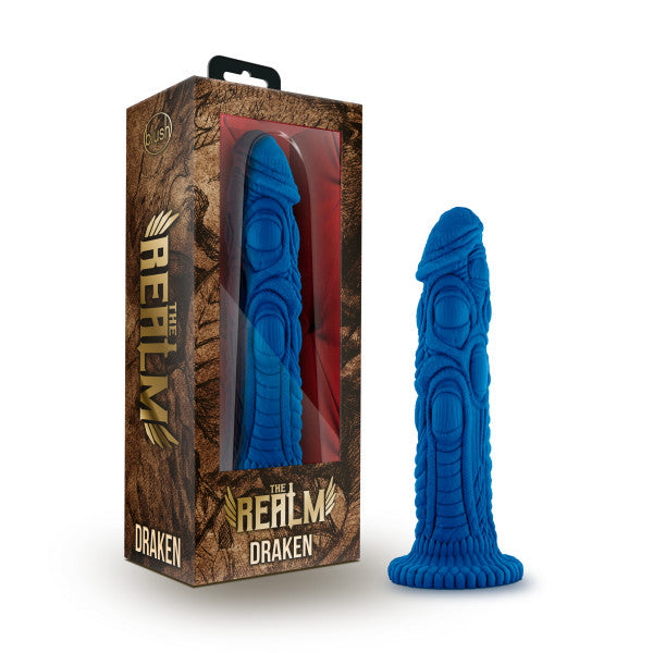 Realm Draken Silicone Lock On Harness Compatible 7.75" Dildo - Blue with the box