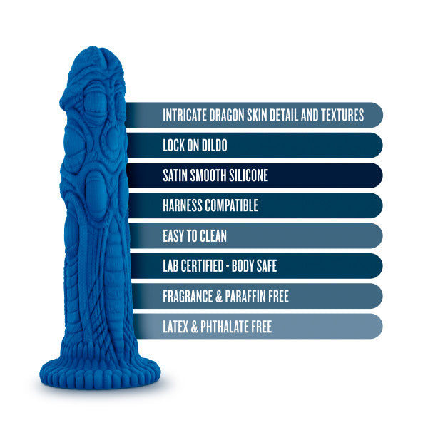 Realm Draken Silicone Lock On Harness Compatible 7.75" Dildo - Blue with tabs showing the product features
